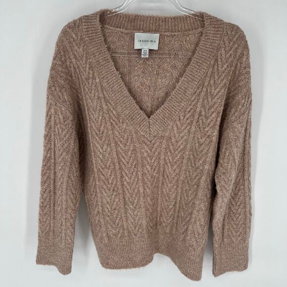 Jason Wu Sweaters - JASON WU Sweater Medium Tan V-Neck Chevron Knit Pullover Long Sleeve Cozy Winter